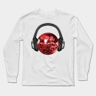 Retro Red Disco Ball with Headphones Long Sleeve T-Shirt